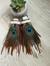 Load image into Gallery viewer, D- Ring Tassels - Bone and Cafe Leather with Genuine Peacock Feathers
