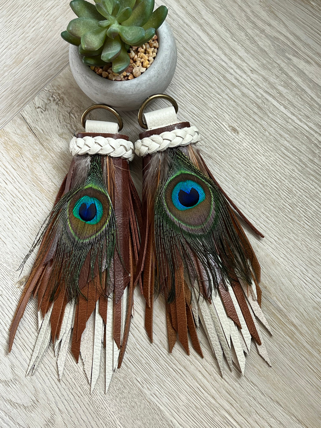 D- Ring Tassels - Bone and Cafe Leather with Genuine Peacock Feathers