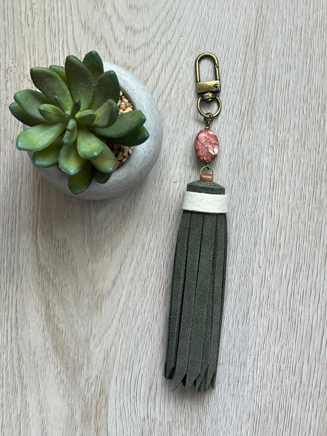 Handmade Army Green Suede Leather Clip Tassel Keychain