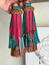 Load image into Gallery viewer, D- Ring Tassels - Cafe, Turquoise and Raspberry Leather with Antique Bronze Charms
