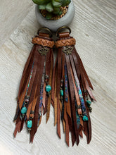 Load image into Gallery viewer, D- Ring Tassels - Cafe, Mocha and Oil Slick Leather with Genuine Turquoise Beaded Charms
