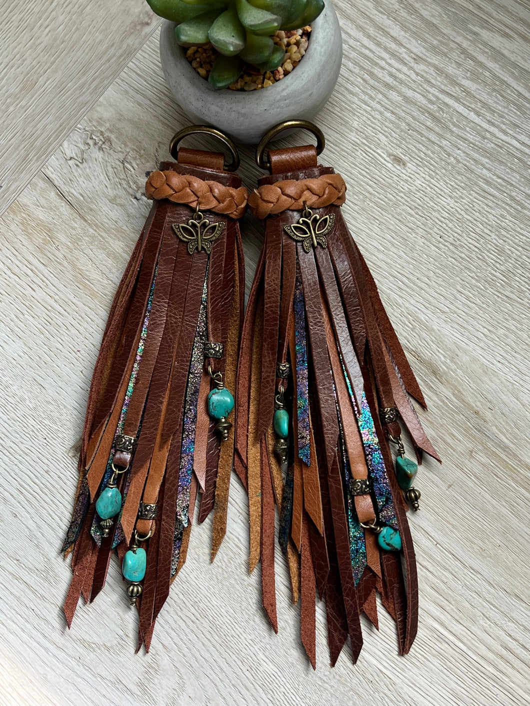 D- Ring Tassels - Cafe, Mocha and Oil Slick Leather with Genuine Turquoise Beaded Charms