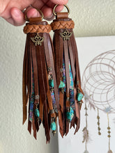 Load image into Gallery viewer, D- Ring Tassels - Cafe, Mocha and Oil Slick Leather with Genuine Turquoise Beaded Charms
