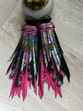 Load image into Gallery viewer, D- Ring Tassels - Oil Slick, Black and Hot Pink Leather with Lava Rock and Butterfly Charms
