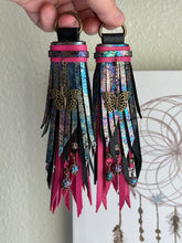 Load image into Gallery viewer, D- Ring Tassels - Oil Slick, Black and Hot Pink Leather with Lava Rock and Butterfly Charms
