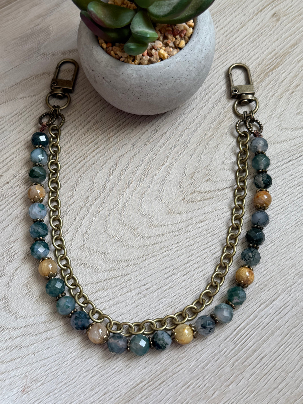 Handmade Bag Necklace- Green Moss Agate and Yellow Rutile Quartz Beads