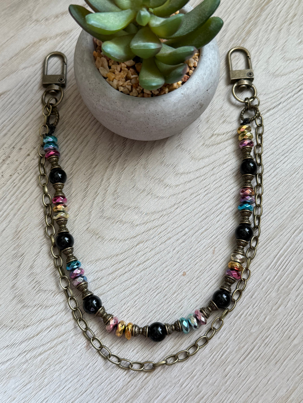 Handmade Bag Necklace- Black Onyx and Rainbow Hematite Beads