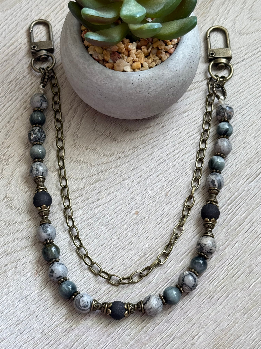 Handmade Bag Necklace- Matte Onyx, Hawkeye and Gray Picasso Jasper Beads