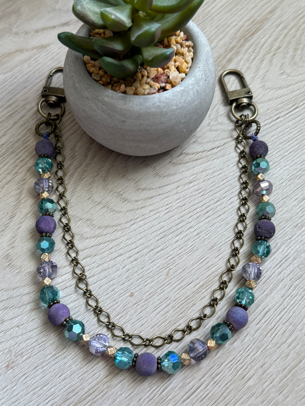 Handmade Bag Necklace- Purple Matte Druzy and Crystal Glass Beads