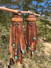 Load image into Gallery viewer, D- Ring Tassels - Cafe, Mocha and Oil Slick Leather with Genuine Turquoise Beaded Charms
