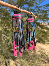 Load image into Gallery viewer, D- Ring Tassels - Oil Slick, Black and Hot Pink Leather with Lava Rock and Butterfly Charms
