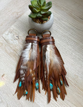 Load image into Gallery viewer, D-Ring Tassels - Cafe and Mocha Leather with Genuine Turquoise Charm Accents and Feathers
