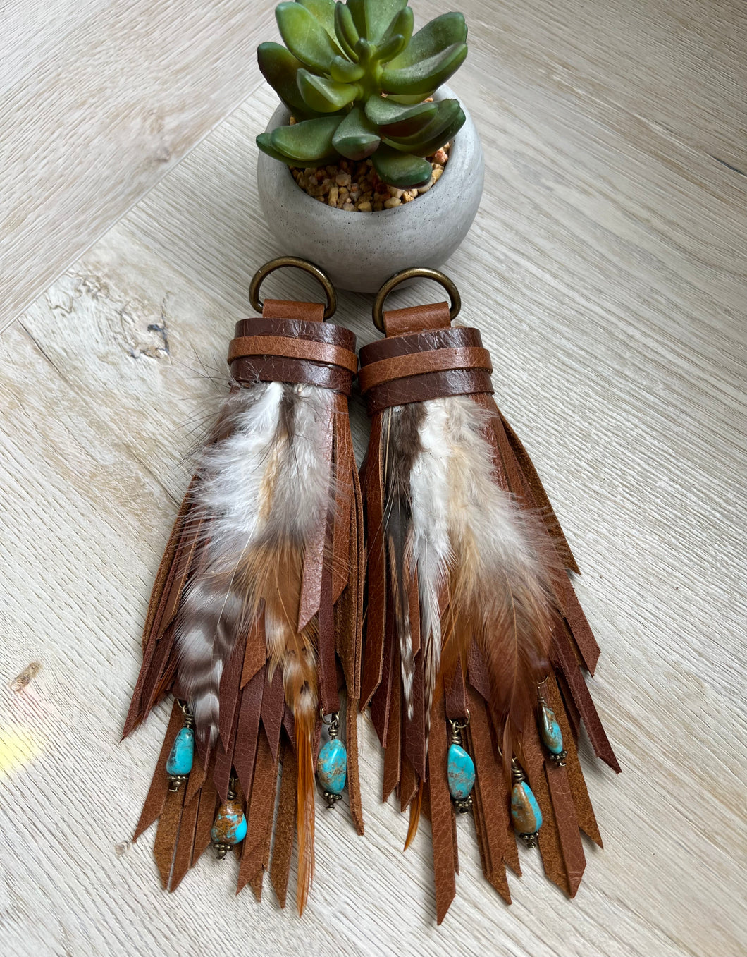 D-Ring Tassels - Cafe and Mocha Leather with Genuine Turquoise Charm Accents and Feathers