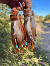 Load image into Gallery viewer, D-Ring Tassels - Cafe and Mocha Leather with Genuine Turquoise Charm Accents and Feathers
