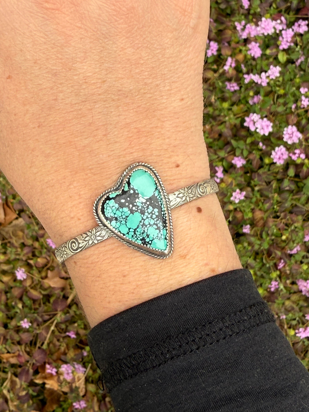 Handmade Sterling Silver  Hubei Turquoise Heart Cuff Bracelet