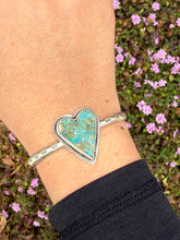 Load image into Gallery viewer, Handmade Sterling Silver Kingman Turquoise Heart Cuff Bracelet
