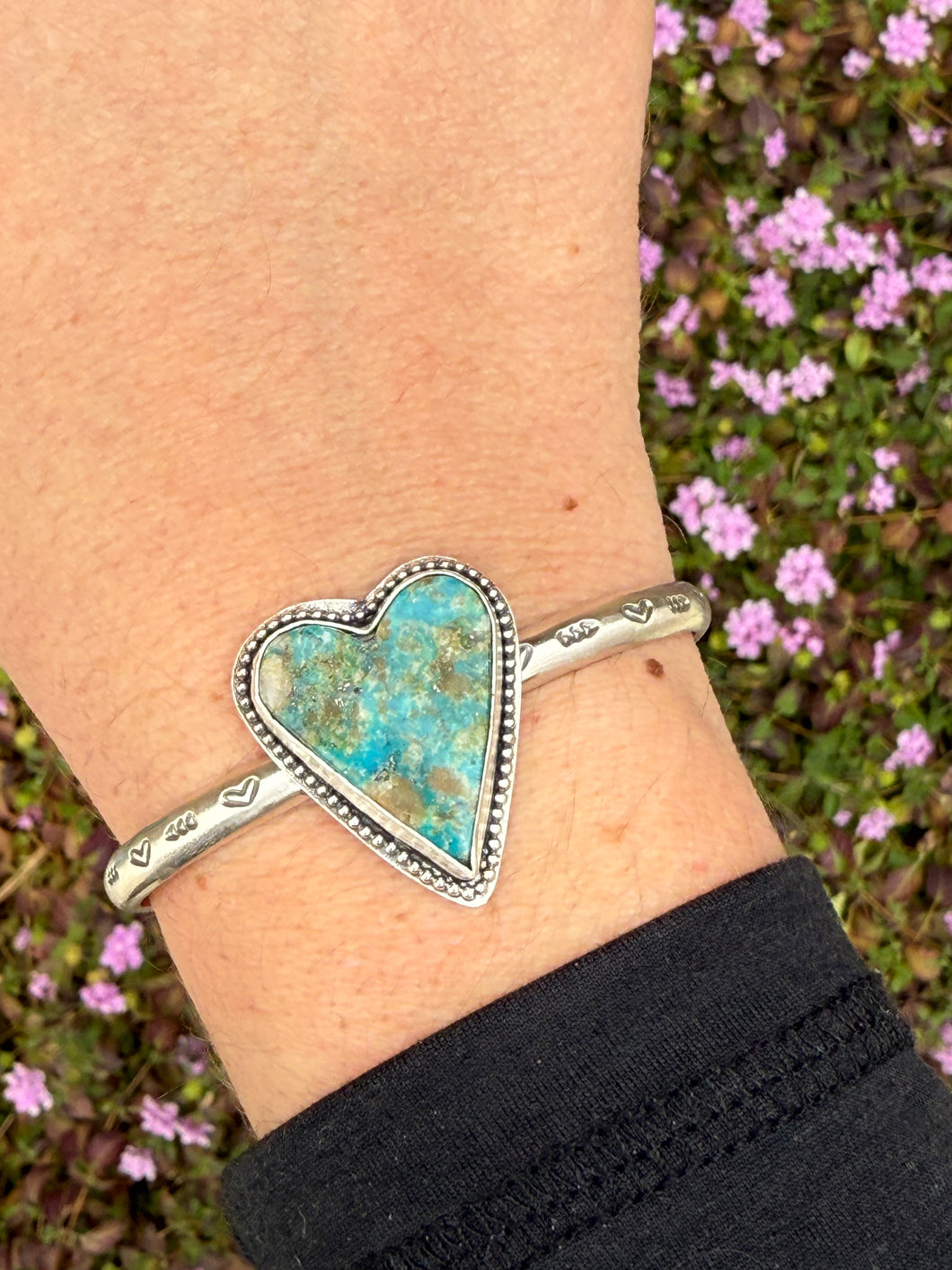 Handmade Sterling Silver Kingman Turquoise Heart Cuff Bracelet