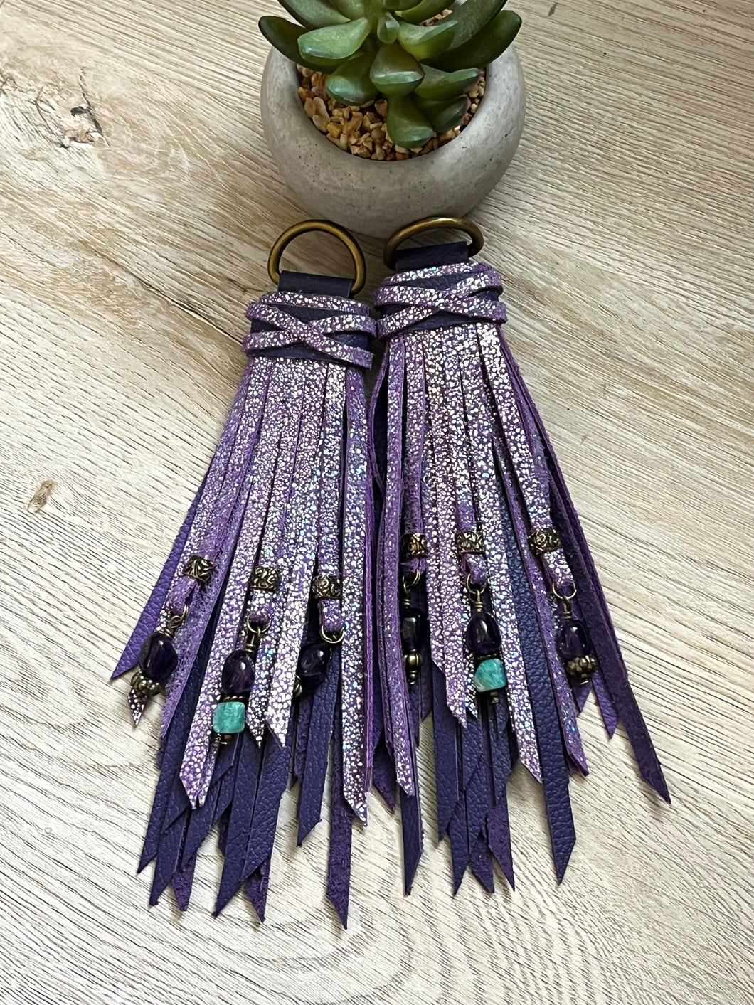 D- Ring Tassels - Lavender Sparkle and Purple Cowhide Leather with Beaded Gemstone Charm Accents