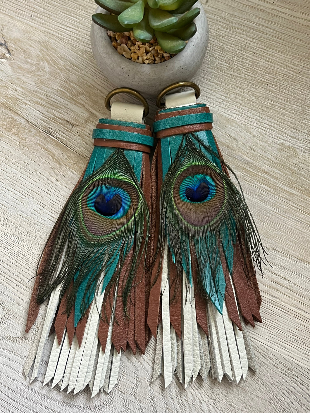 D- Ring Tassels - Cafe, Turquoise and Bone Cowhide Leather with Peacock Feather Accents