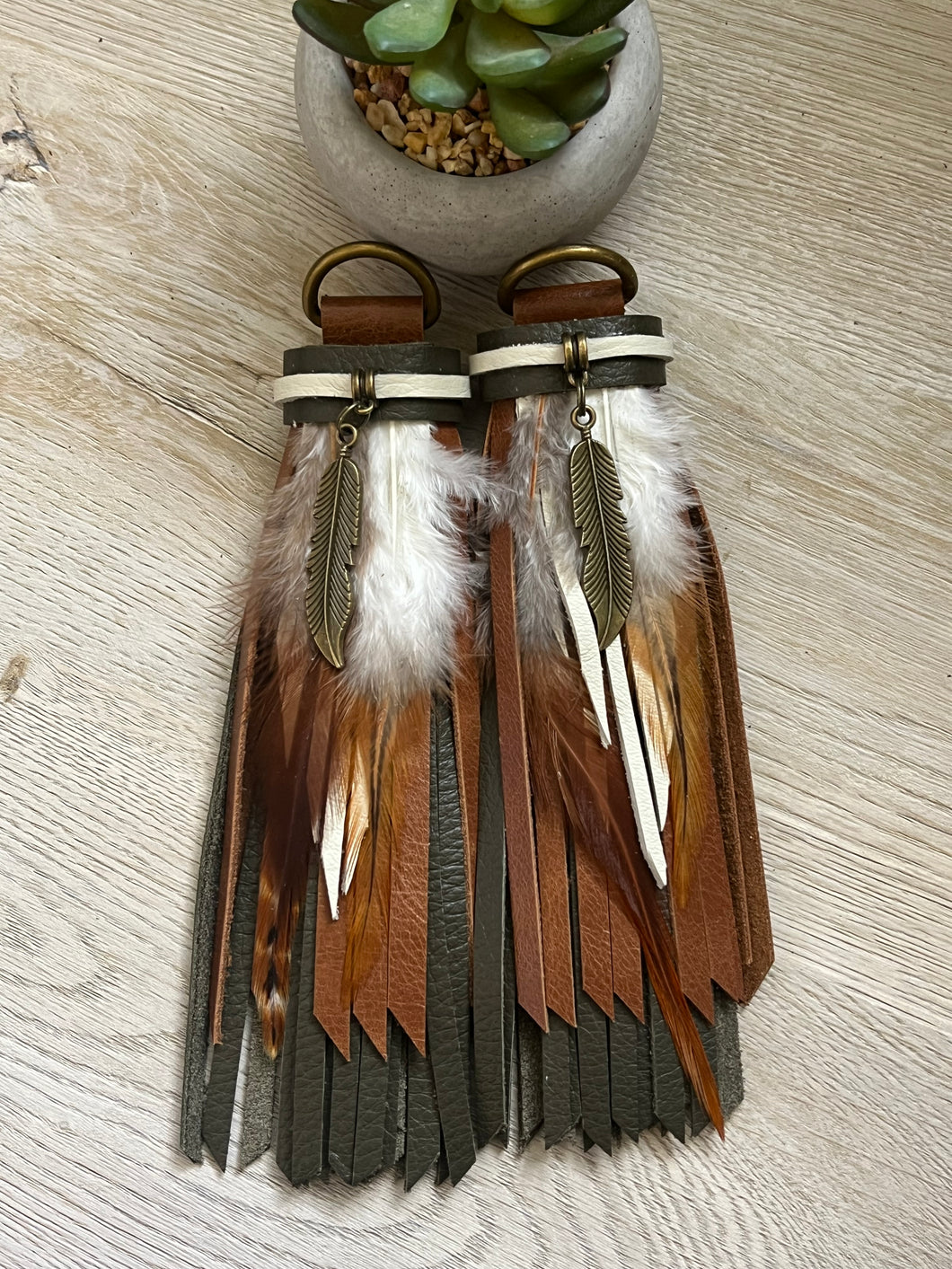 D- Ring Tassels - Army Green, Cafe and Bone Cowhide Leather and Feather Accents