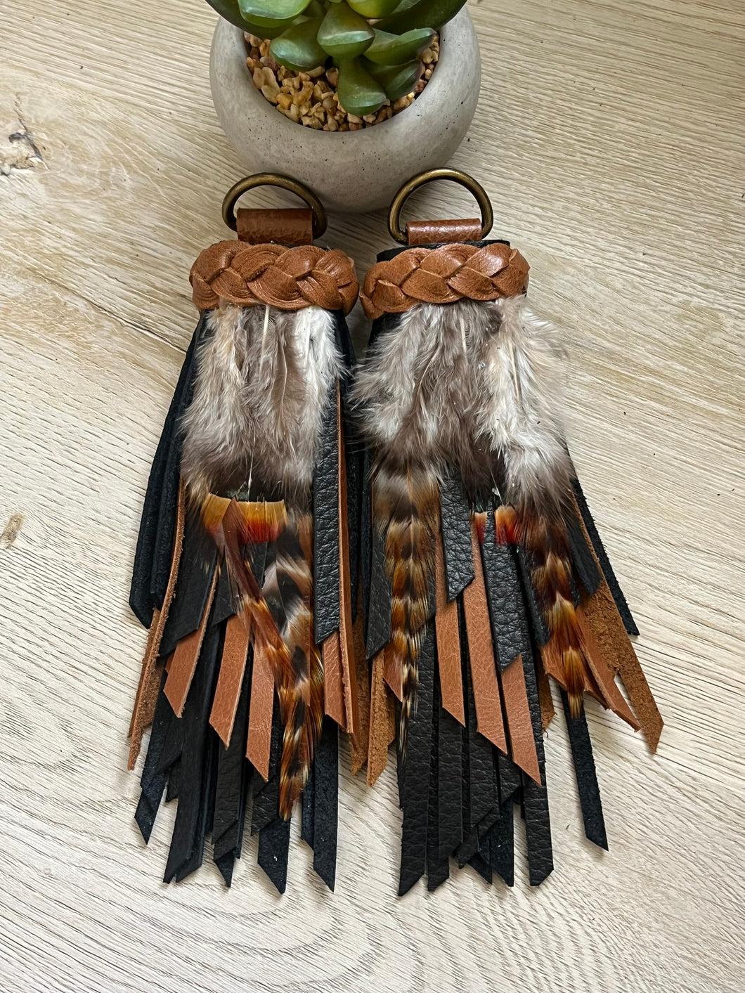 D- Ring Tassels - Cafe and Black Cowhide Leather with Feather Accents