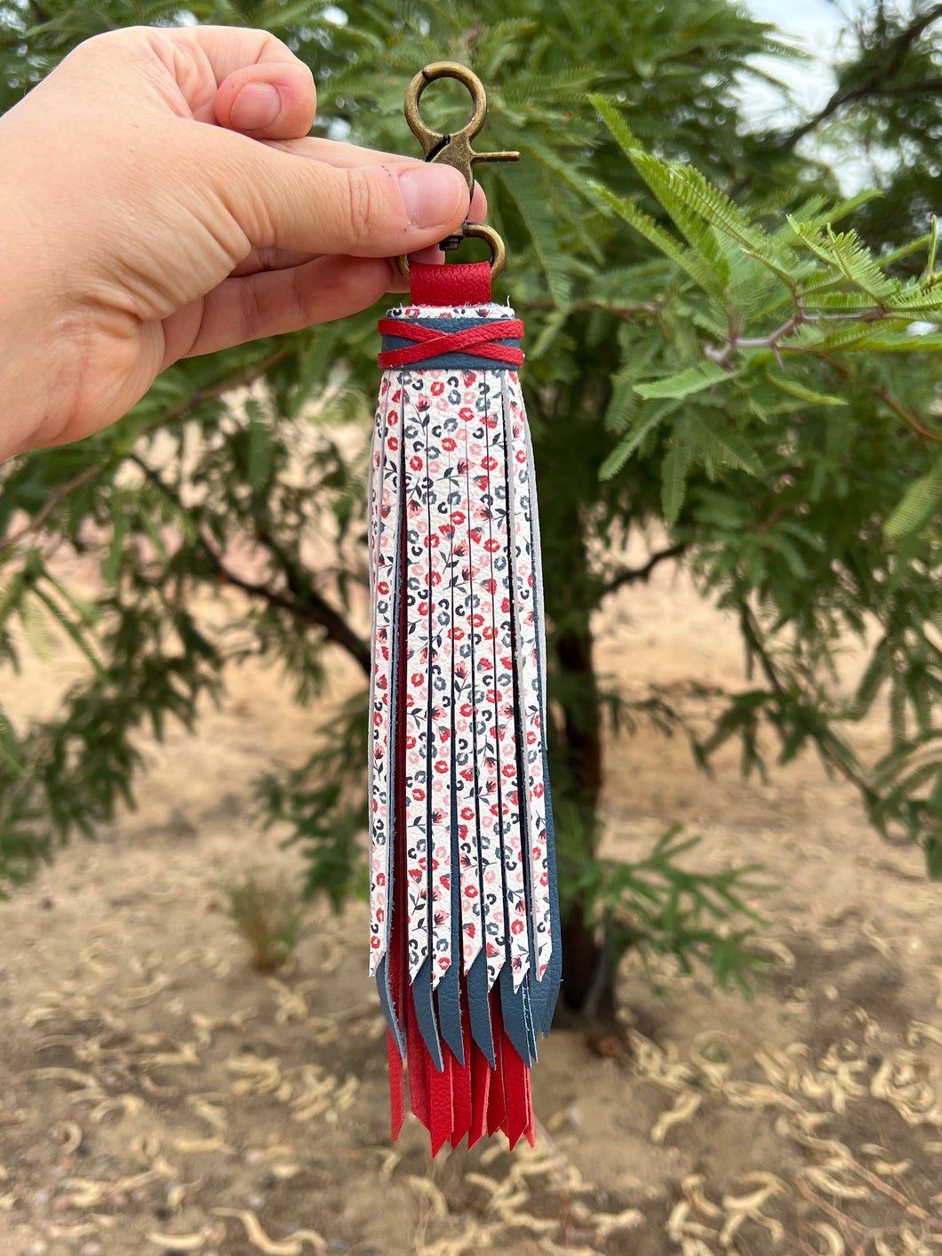 Handmade Red, Blue and Floral Leather Clip Tassel Keychain