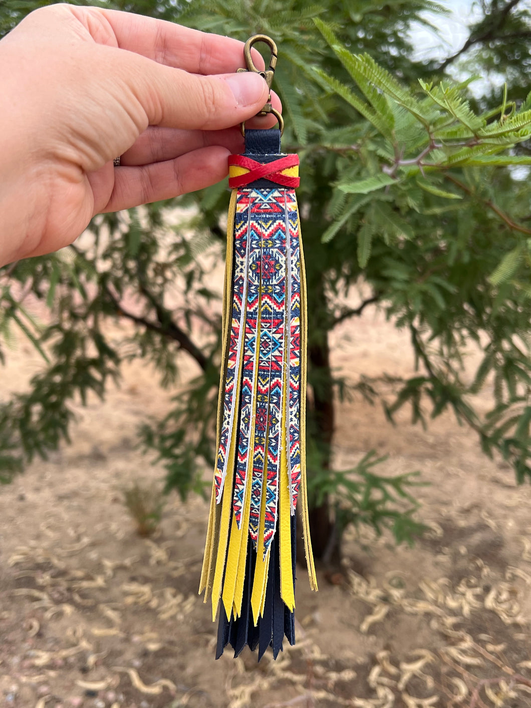 Handmade Blue, Yellow and Aztec Leather Clip Tassel Keychain