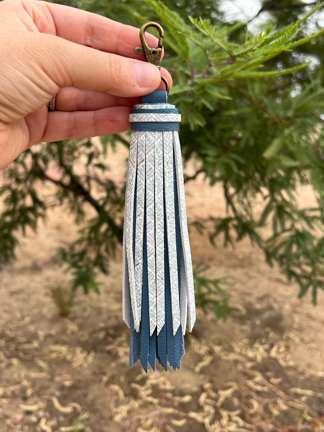 Handmade Blue Leather Clip Tassel Keychain