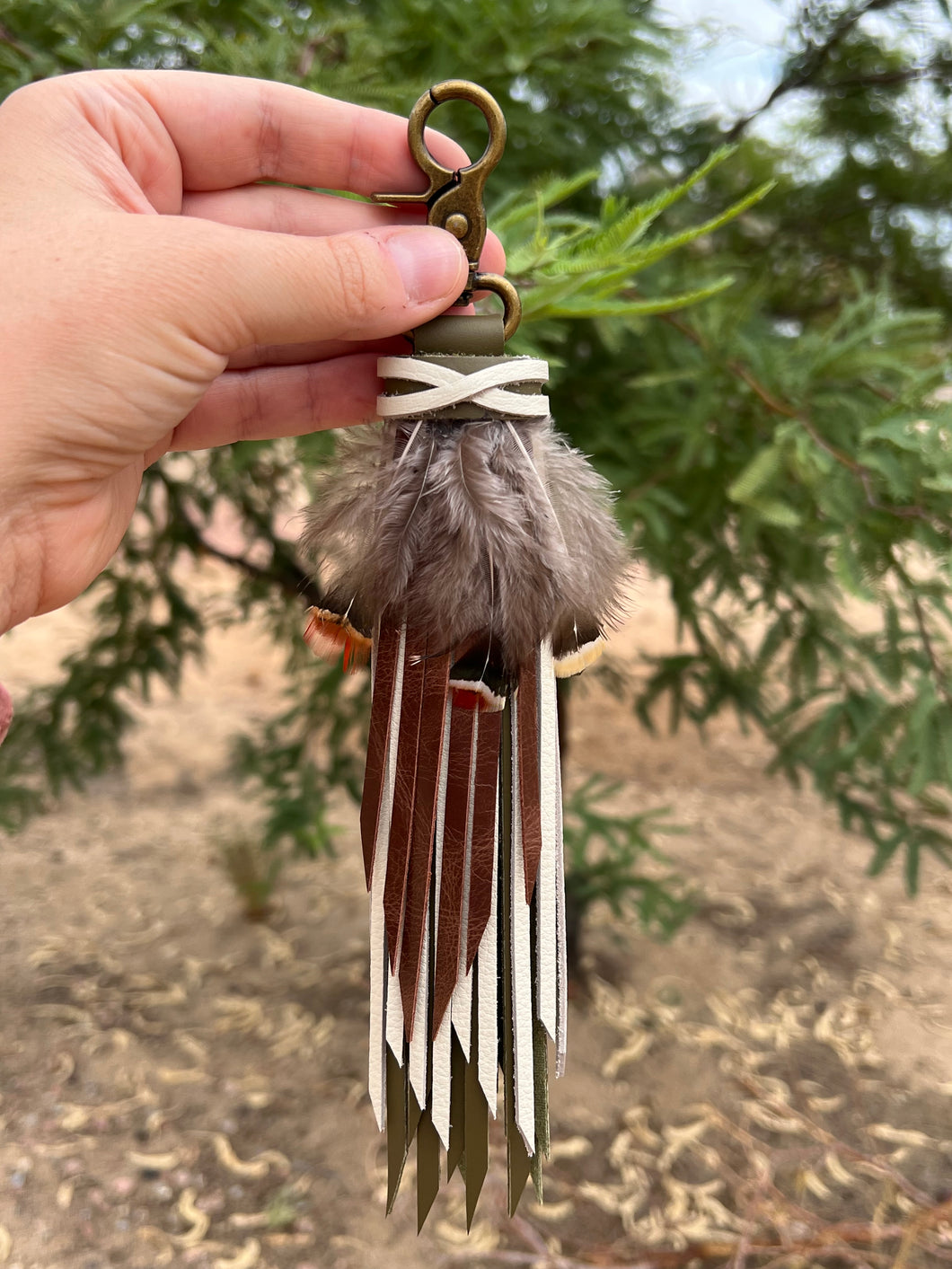 Handmade Army Green, Bone and Mocha Leather Clip Tassel Keychain