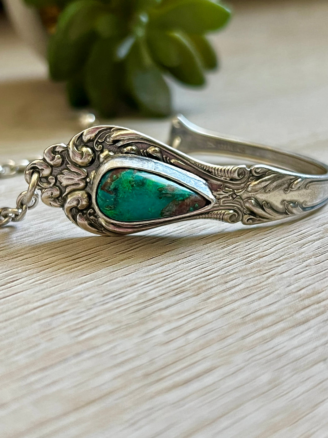 Handmade Vintage Up-Cycled Sterling Silver 1896 Spoon Bracelet with Gem Silica