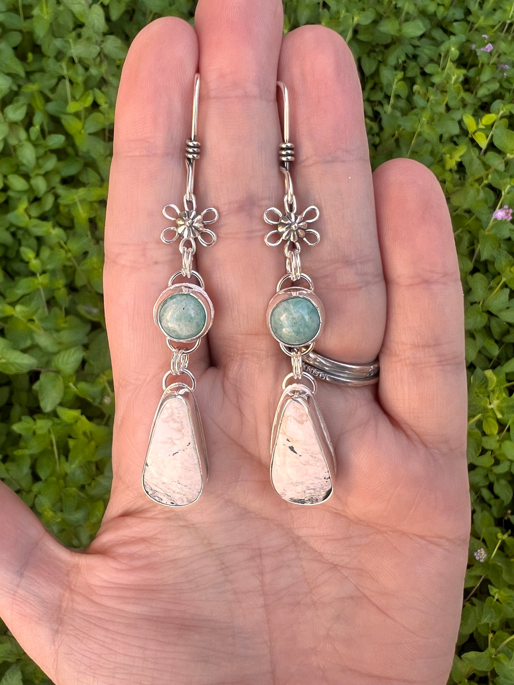 Sterling Silver White Buffalo Turquoise and Amazonite Dangle Earrings