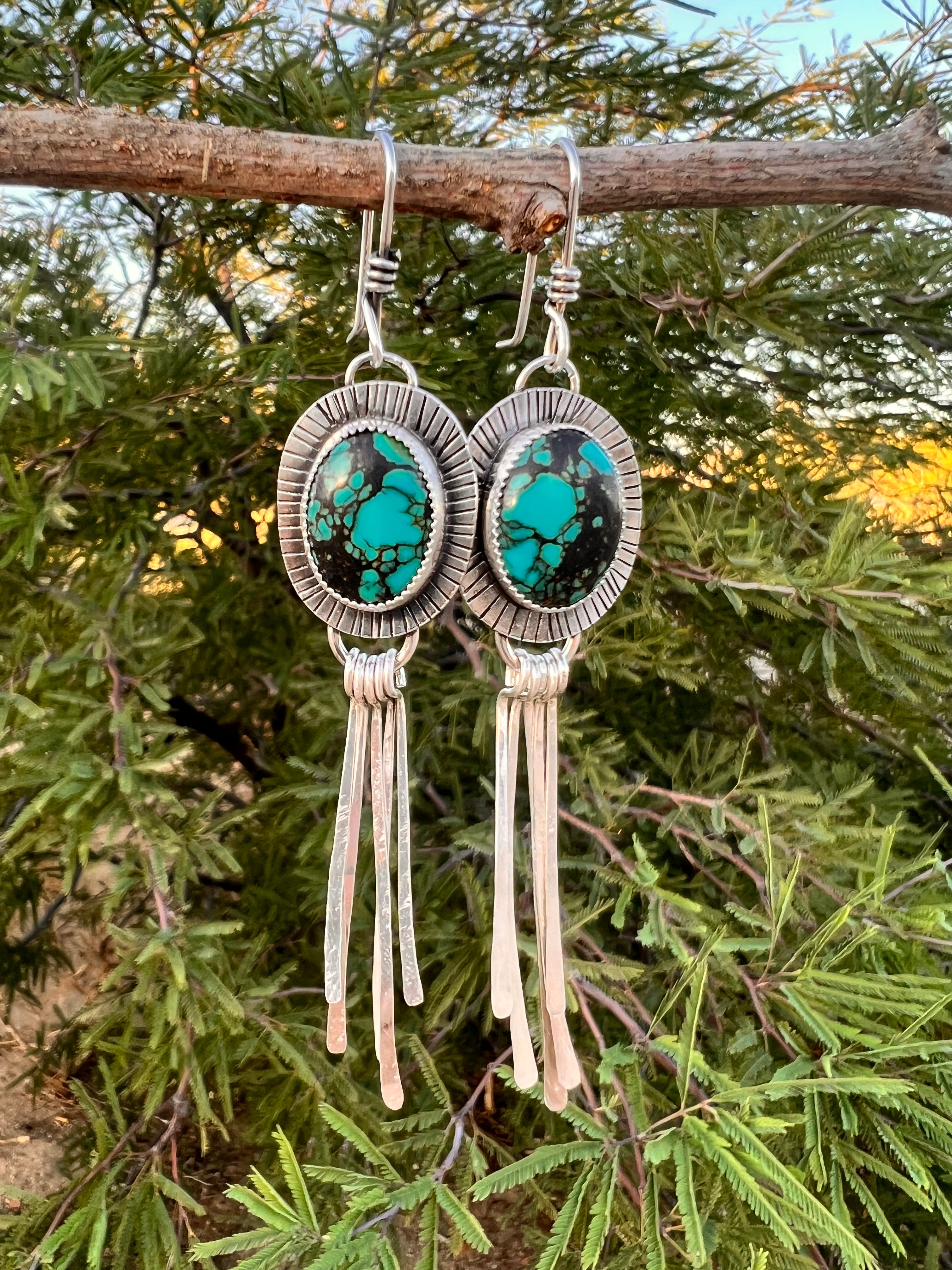 Turquoise double fringe earrings - sterling outlets silver hooks