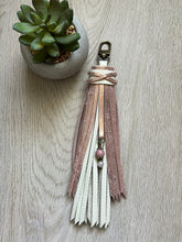 Load image into Gallery viewer, Clip Tassel- Rose Gold and Bone Cowhide Leather with Gemstone Beaded Charm
