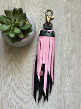 Load image into Gallery viewer, Clip Tassel- Black, Light Pink and Oil Splatter Cowhide Leather with Beaded Charm
