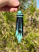 Load image into Gallery viewer, Clip Tassel- Teal and Oil Slick Cracked Ice Cowhide Leather with Gemstone Beaded Charm
